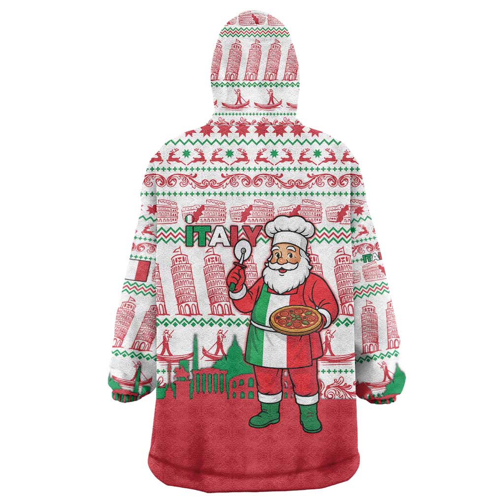 Italy Christmas Wearable Blanket Hoodie with Pizza Chef Santa Leaning Tower Colosseum and Red Green Holiday Pattern Design - Wonder Print Shop