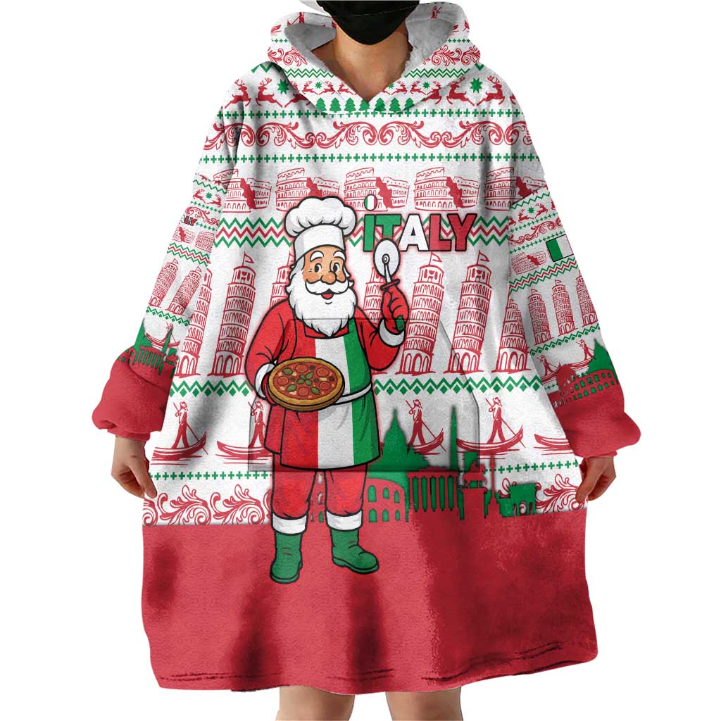 Italy Christmas Wearable Blanket Hoodie with Pizza Chef Santa Leaning Tower Colosseum and Red Green Holiday Pattern Design - Wonder Print Shop