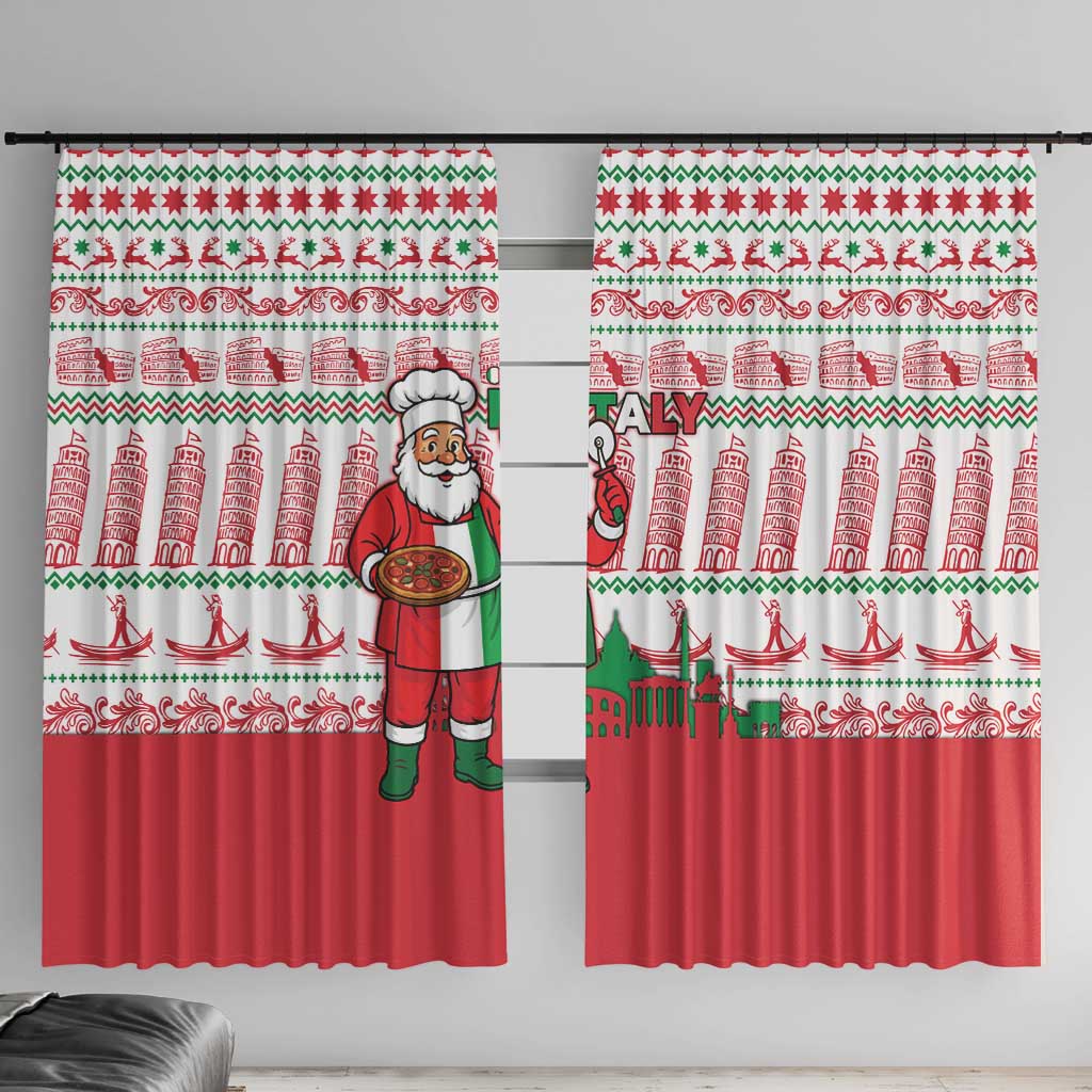 Italy Christmas Window Curtain with Pizza Chef Santa Leaning Tower Colosseum and Red Green Holiday Pattern Design - Wonder Print Shop