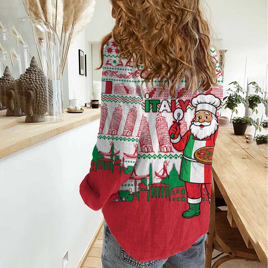 Italy Christmas Women Casual Shirt with Pizza Chef Santa Leaning Tower Colosseum and Red Green Holiday Pattern Design - Wonder Print Shop