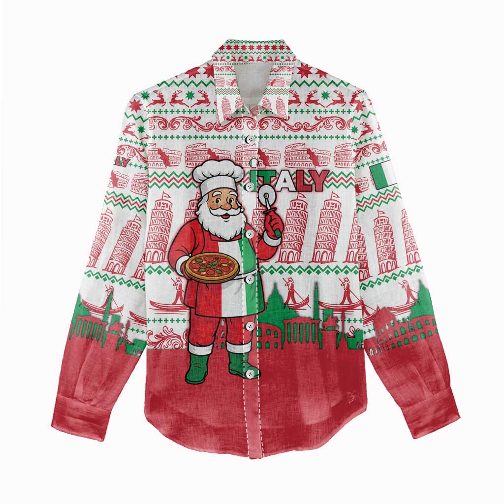 Italy Christmas Women Casual Shirt with Pizza Chef Santa Leaning Tower Colosseum and Red Green Holiday Pattern Design - Wonder Print Shop