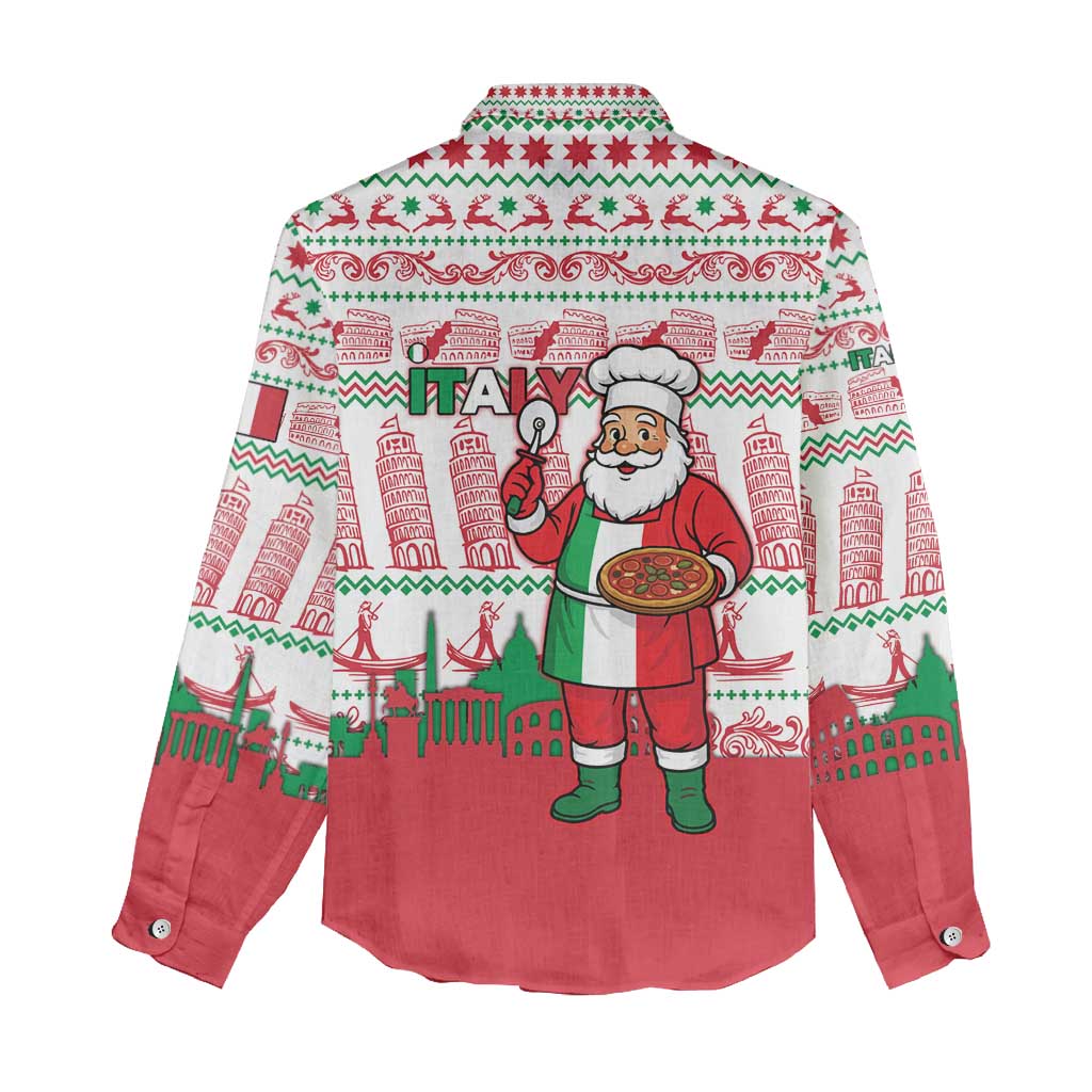 Italy Christmas Women Casual Shirt with Pizza Chef Santa Leaning Tower Colosseum and Red Green Holiday Pattern Design - Wonder Print Shop