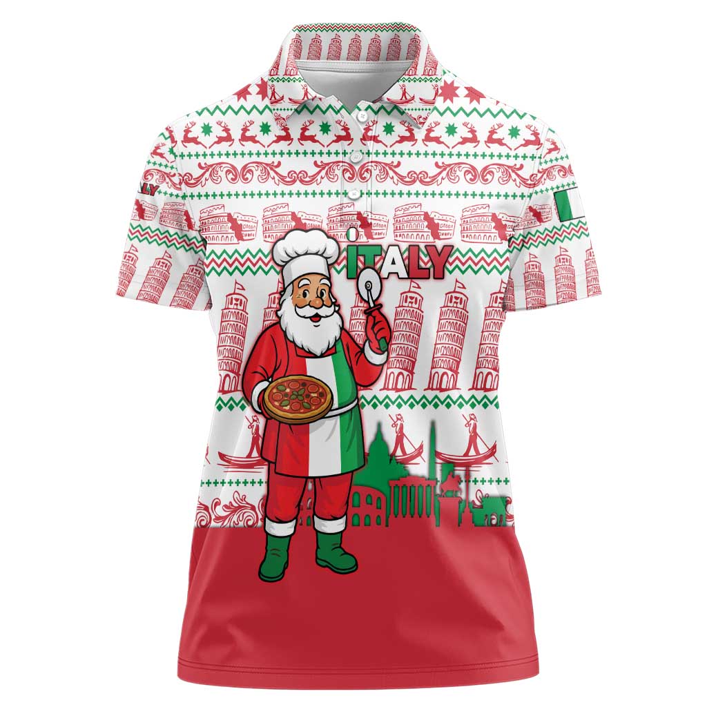 Italy Christmas Women Polo Shirt with Pizza Chef Santa Leaning Tower Colosseum and Red Green Holiday Pattern Design - Wonder Print Shop