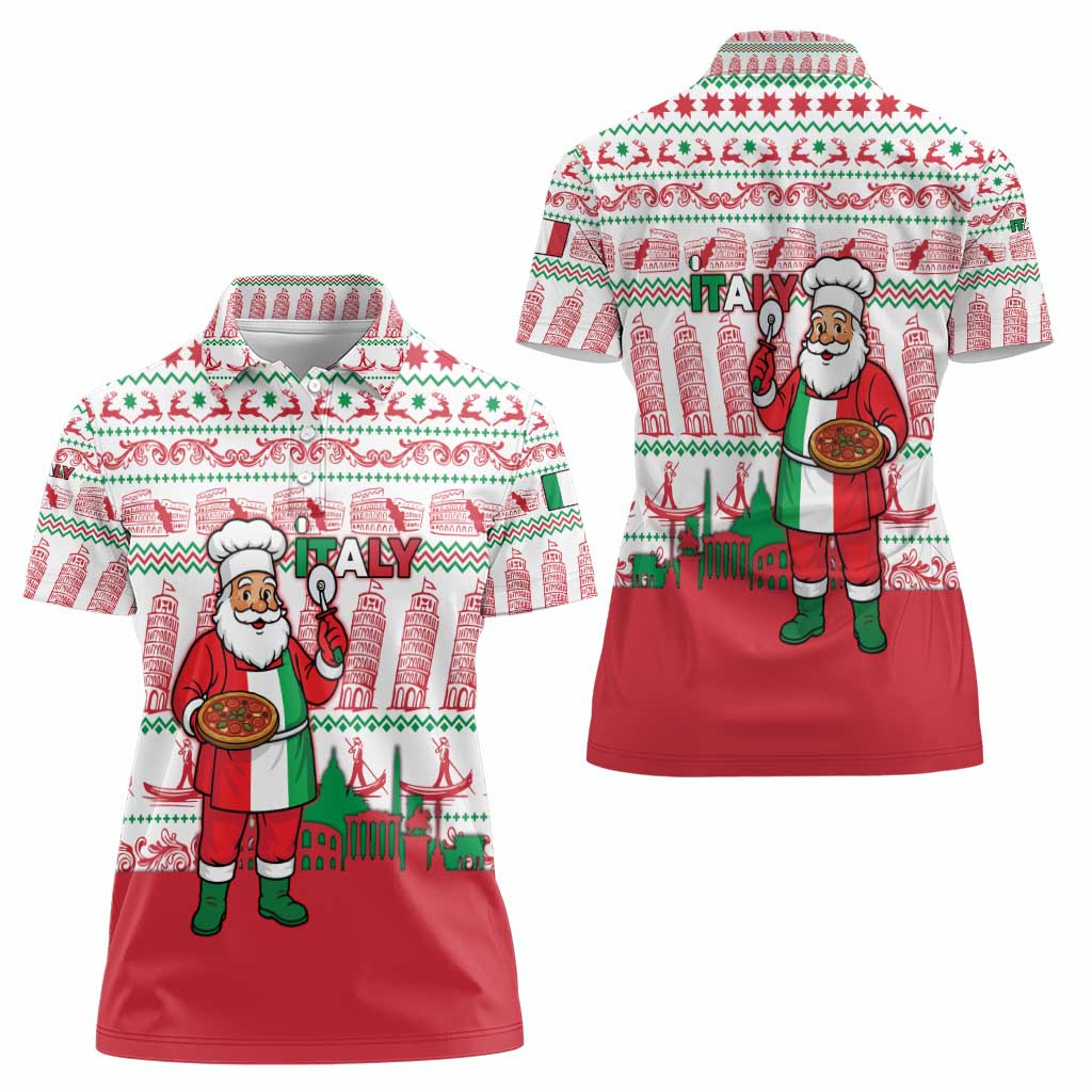 Italy Christmas Women Polo Shirt with Pizza Chef Santa Leaning Tower Colosseum and Red Green Holiday Pattern Design - Wonder Print Shop