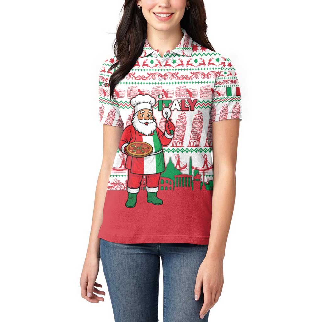 Italy Christmas Women Polo Shirt with Pizza Chef Santa Leaning Tower Colosseum and Red Green Holiday Pattern Design - Wonder Print Shop