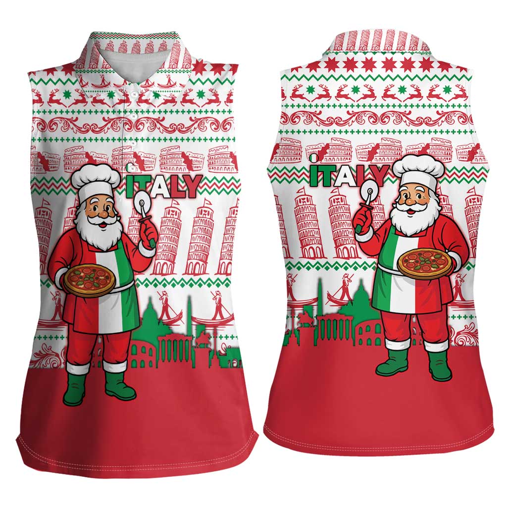 Italy Christmas Women Sleeveless Polo Shirt with Pizza Chef Santa Leaning Tower Colosseum and Red Green Holiday Pattern Design - Wonder Print Shop