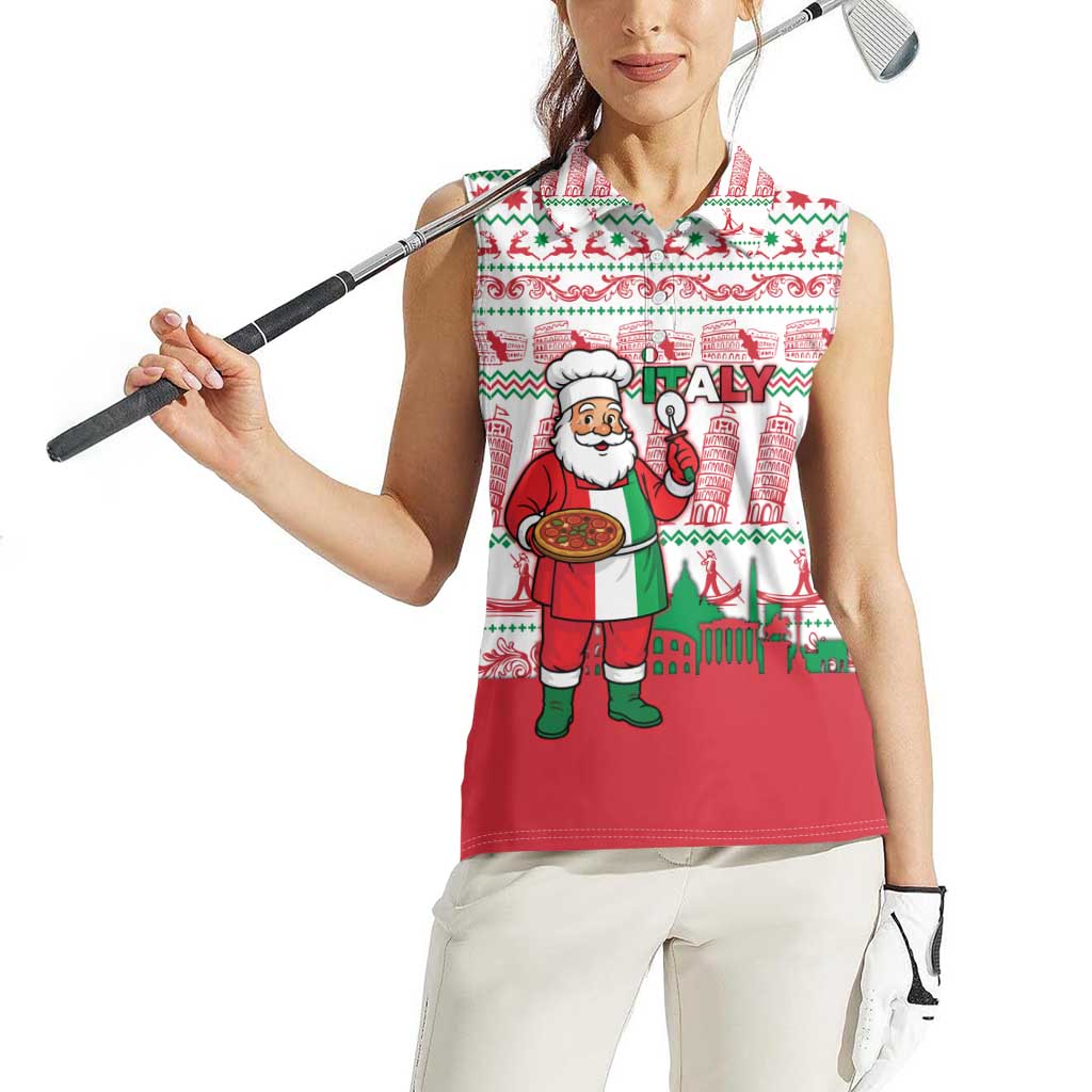 Italy Christmas Women Sleeveless Polo Shirt with Pizza Chef Santa Leaning Tower Colosseum and Red Green Holiday Pattern Design - Wonder Print Shop