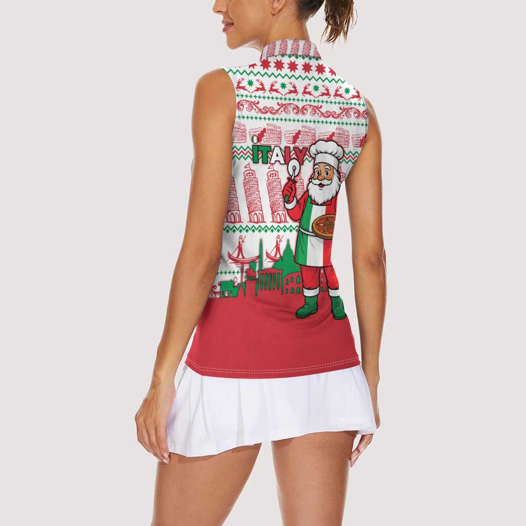 Italy Christmas Women Sleeveless Polo Shirt with Pizza Chef Santa Leaning Tower Colosseum and Red Green Holiday Pattern Design - Wonder Print Shop