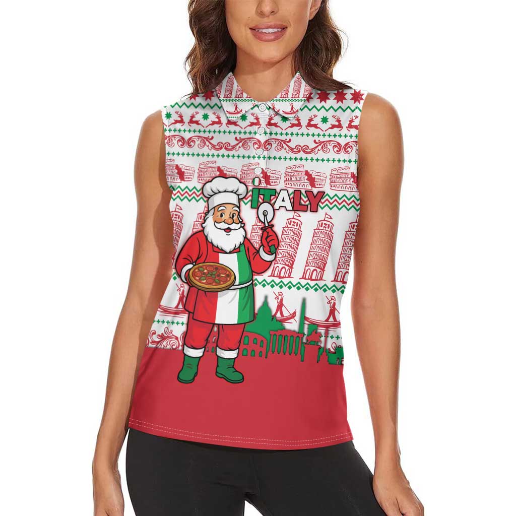 Italy Christmas Women Sleeveless Polo Shirt with Pizza Chef Santa Leaning Tower Colosseum and Red Green Holiday Pattern Design - Wonder Print Shop