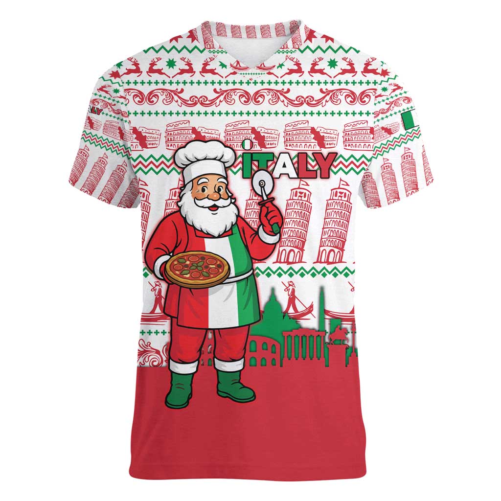 Italy Christmas Women V-Neck T-Shirt with Pizza Chef Santa Leaning Tower Colosseum and Red Green Holiday Pattern Design - Wonder Print Shop