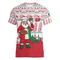 Italy Christmas Women V-Neck T-Shirt with Pizza Chef Santa Leaning Tower Colosseum and Red Green Holiday Pattern Design - Wonder Print Shop