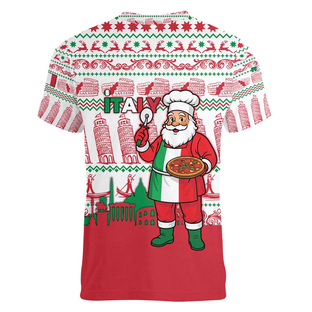 Italy Christmas Women V-Neck T-Shirt with Pizza Chef Santa Leaning Tower Colosseum and Red Green Holiday Pattern Design - Wonder Print Shop