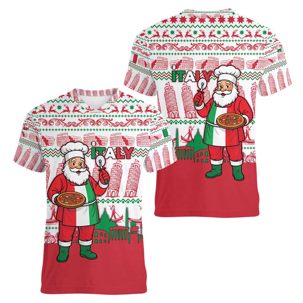 Italy Christmas Women V-Neck T-Shirt with Pizza Chef Santa Leaning Tower Colosseum and Red Green Holiday Pattern Design - Wonder Print Shop