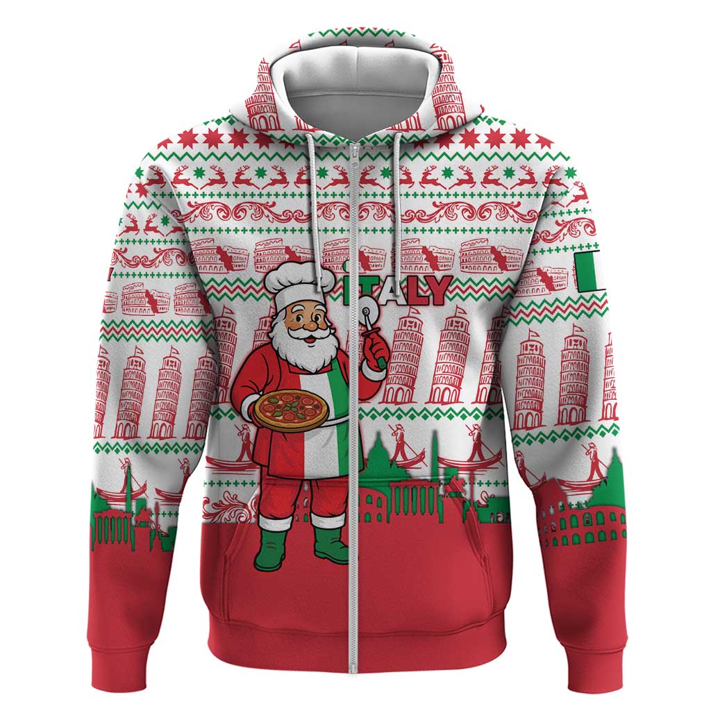 Italy Christmas Zip Hoodie with Pizza Chef Santa Leaning Tower Colosseum and Red Green Holiday Pattern Design - Wonder Print Shop
