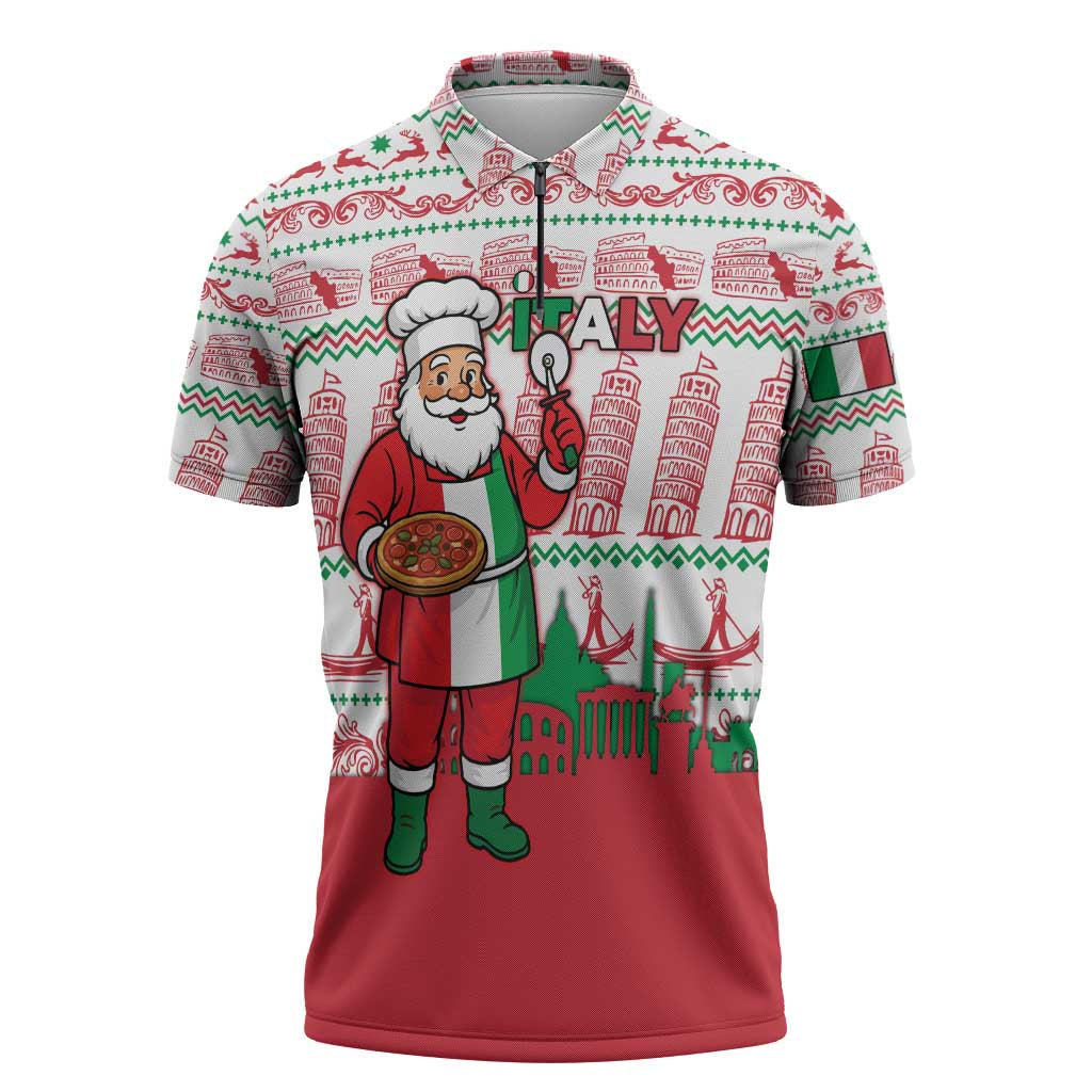 Italy Christmas Zipper Polo Shirt with Pizza Chef Santa Leaning Tower Colosseum and Red Green Holiday Pattern Design - Wonder Print Shop