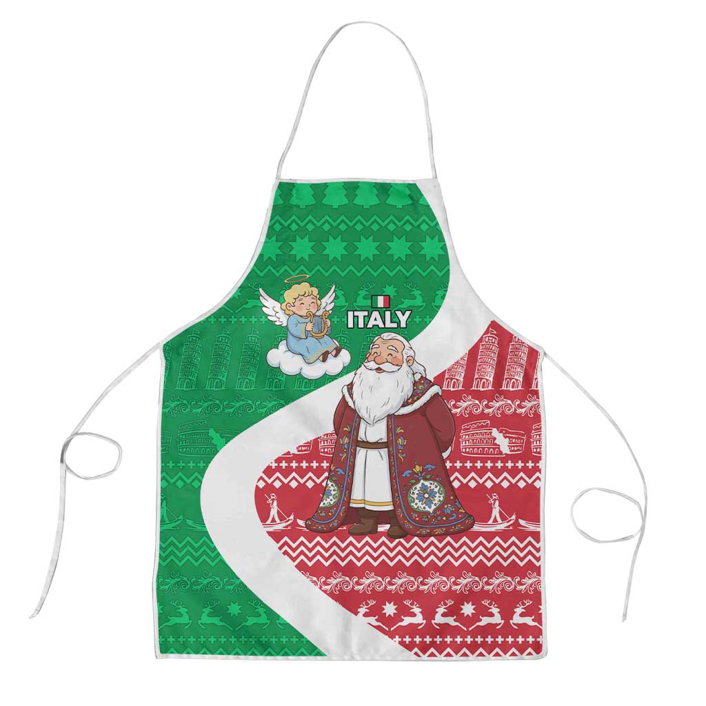 Italy Christmas Apron with Pizza Chef Santa Leaning Tower Colosseum and Red Green Holiday Pattern Design - Wonder Print Shop