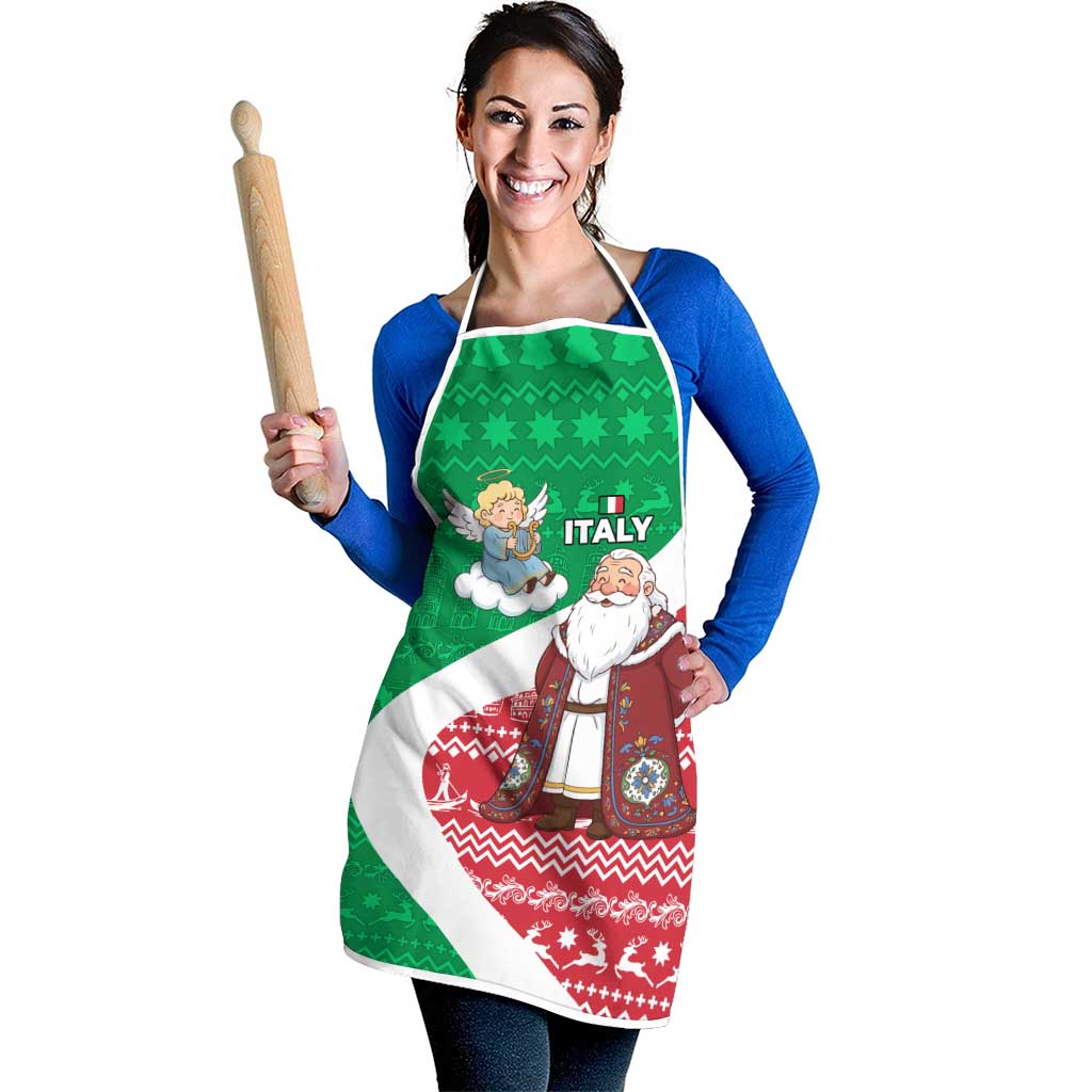 Italy Christmas Apron with Pizza Chef Santa Leaning Tower Colosseum and Red Green Holiday Pattern Design - Wonder Print Shop