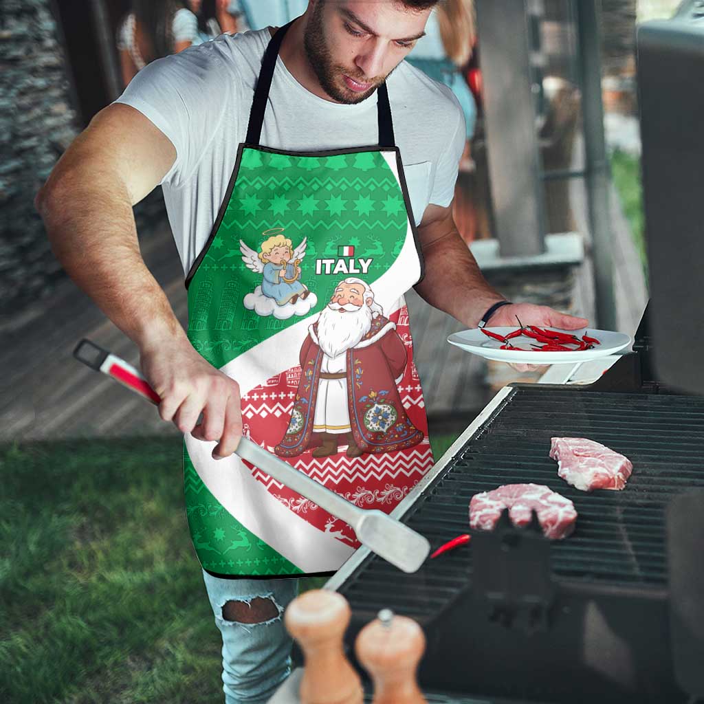Italy Christmas Apron with Pizza Chef Santa Leaning Tower Colosseum and Red Green Holiday Pattern Design - Wonder Print Shop