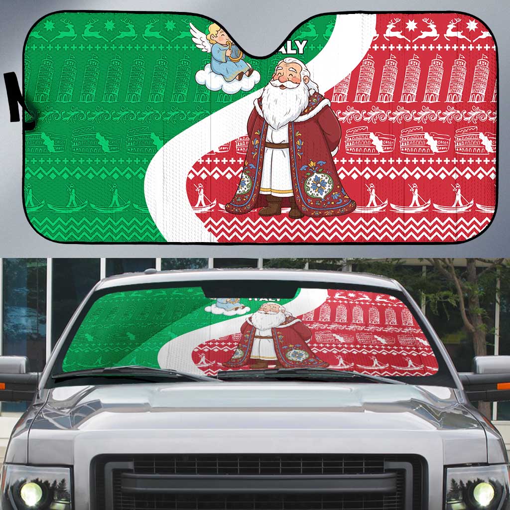 Italy Christmas Auto Sun Shade with Pizza Chef Santa Leaning Tower Colosseum and Red Green Holiday Pattern Design - Wonder Print Shop
