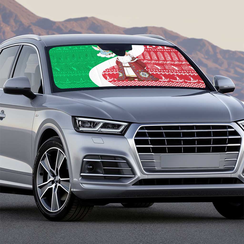 Italy Christmas Auto Sun Shade with Pizza Chef Santa Leaning Tower Colosseum and Red Green Holiday Pattern Design - Wonder Print Shop