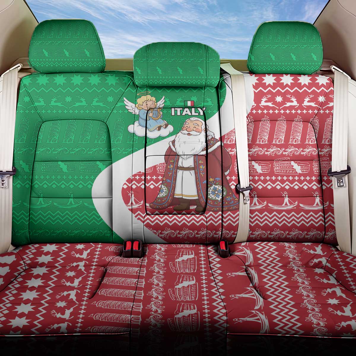 Italy Christmas Back Car Seat Cover with Pizza Chef Santa Leaning Tower Colosseum and Red Green Holiday Pattern Design - Wonder Print Shop