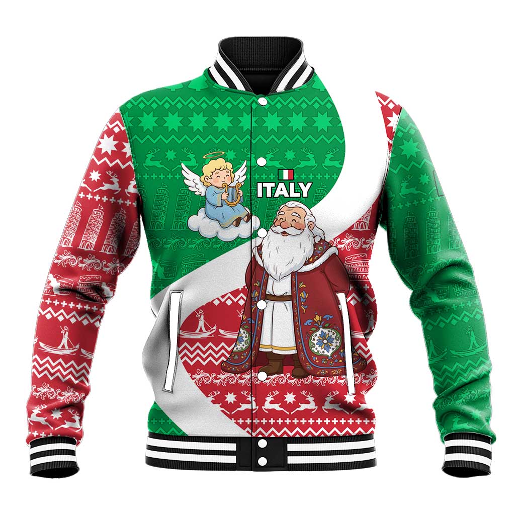 Italy Christmas Baseball Jacket with Pizza Chef Santa Leaning Tower Colosseum and Red Green Holiday Pattern Design - Wonder Print Shop