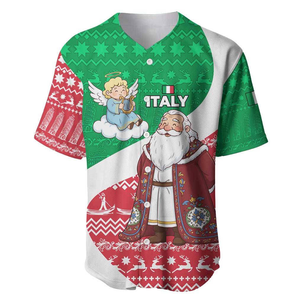 Italy Christmas Baseball Jersey with Pizza Chef Santa Leaning Tower Colosseum and Red Green Holiday Pattern Design - Wonder Print Shop