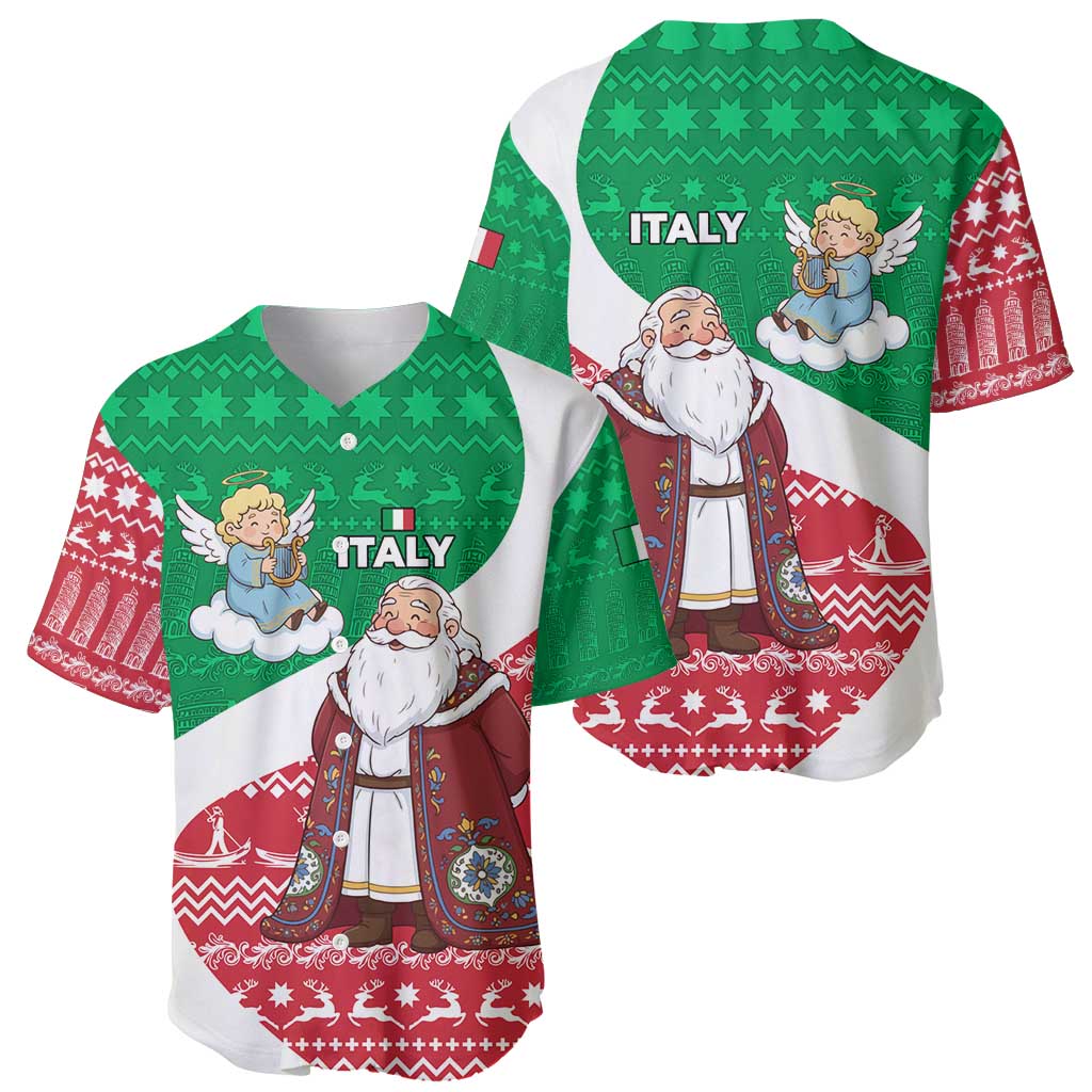 Italy Christmas Baseball Jersey with Pizza Chef Santa Leaning Tower Colosseum and Red Green Holiday Pattern Design - Wonder Print Shop