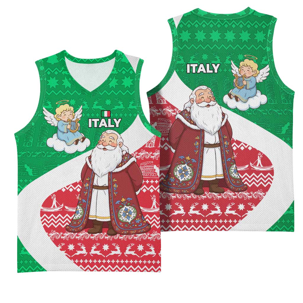 Italy Christmas Basketball Jersey with Pizza Chef Santa Leaning Tower Colosseum and Red Green Holiday Pattern Design - Wonder Print Shop