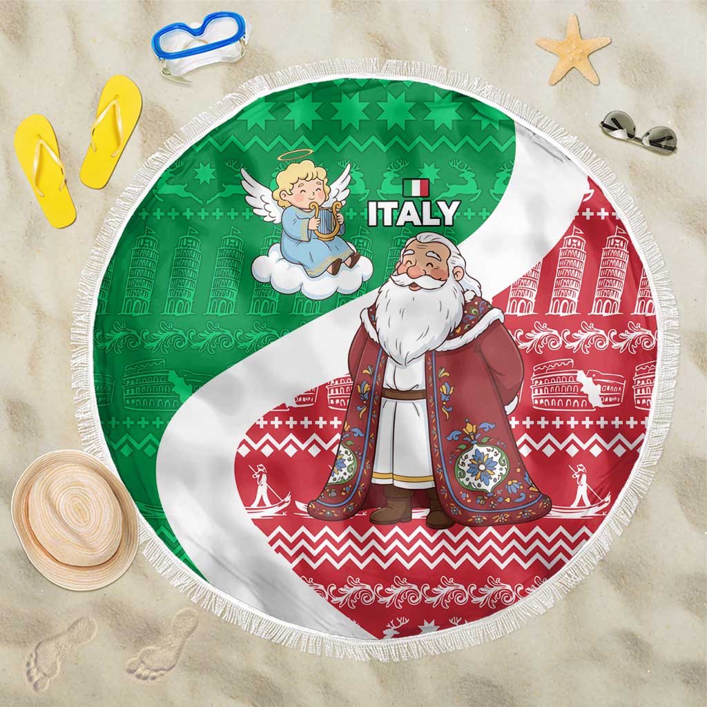 Italy Christmas Beach Blanket with Pizza Chef Santa Leaning Tower Colosseum and Red Green Holiday Pattern Design - Wonder Print Shop