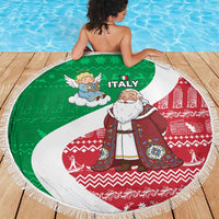 Italy Christmas Beach Blanket with Pizza Chef Santa Leaning Tower Colosseum and Red Green Holiday Pattern Design - Wonder Print Shop