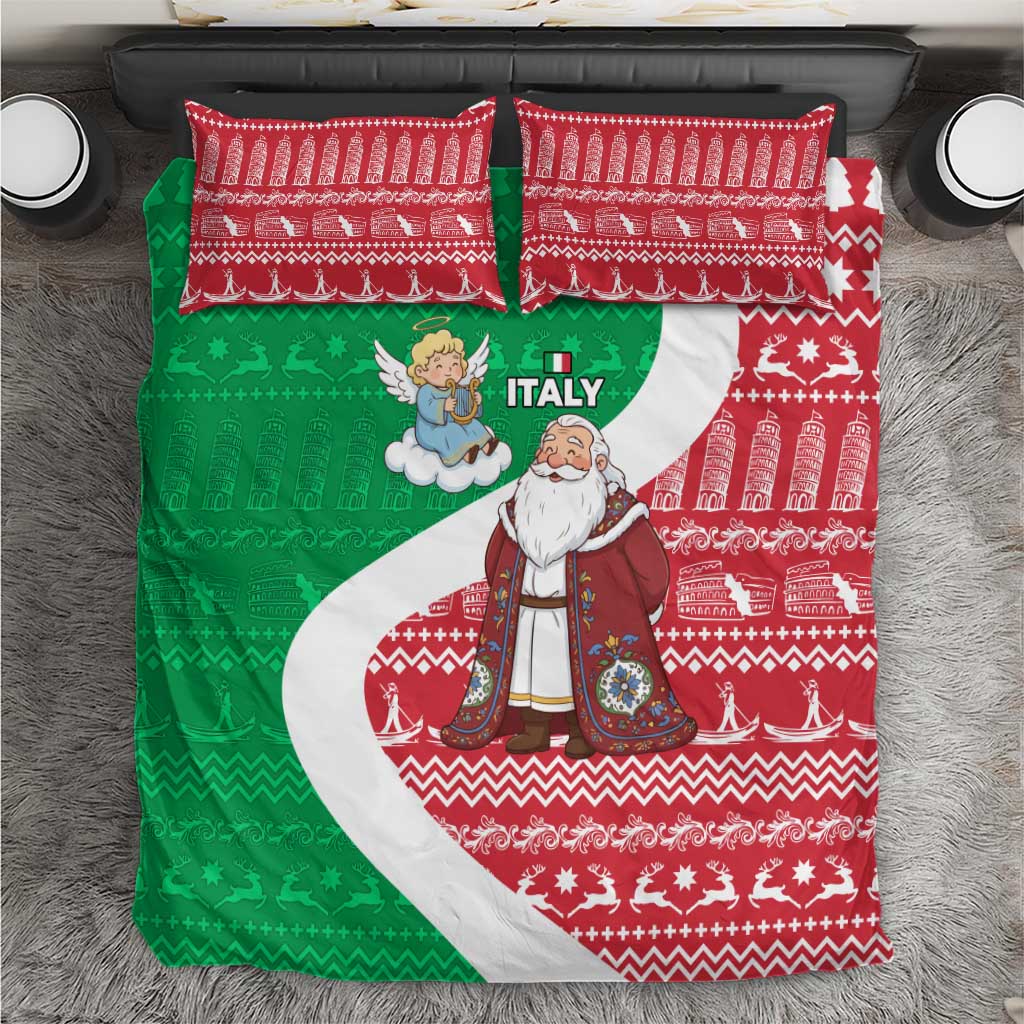 Italy Christmas Bedding Set with Pizza Chef Santa Leaning Tower Colosseum and Red Green Holiday Pattern Design - Wonder Print Shop