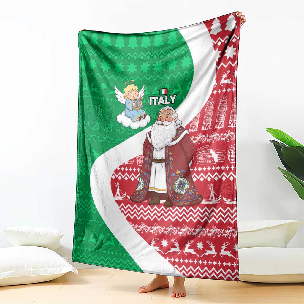 Italy Christmas Blanket with Pizza Chef Santa Leaning Tower Colosseum and Red Green Holiday Pattern Design - Wonder Print Shop