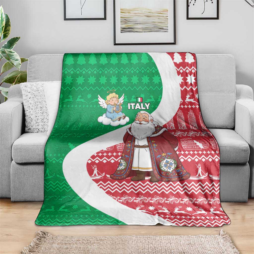 Italy Christmas Blanket with Pizza Chef Santa Leaning Tower Colosseum and Red Green Holiday Pattern Design - Wonder Print Shop