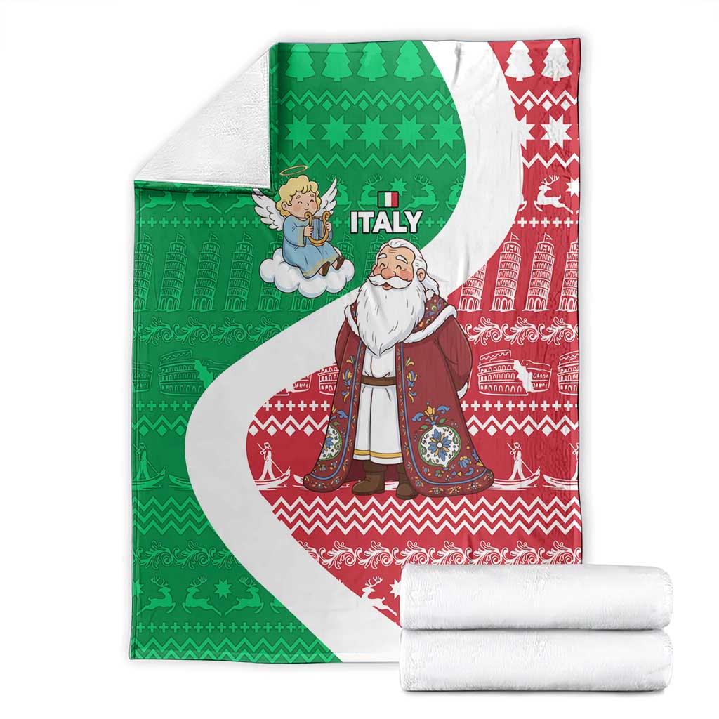 Italy Christmas Blanket with Pizza Chef Santa Leaning Tower Colosseum and Red Green Holiday Pattern Design - Wonder Print Shop