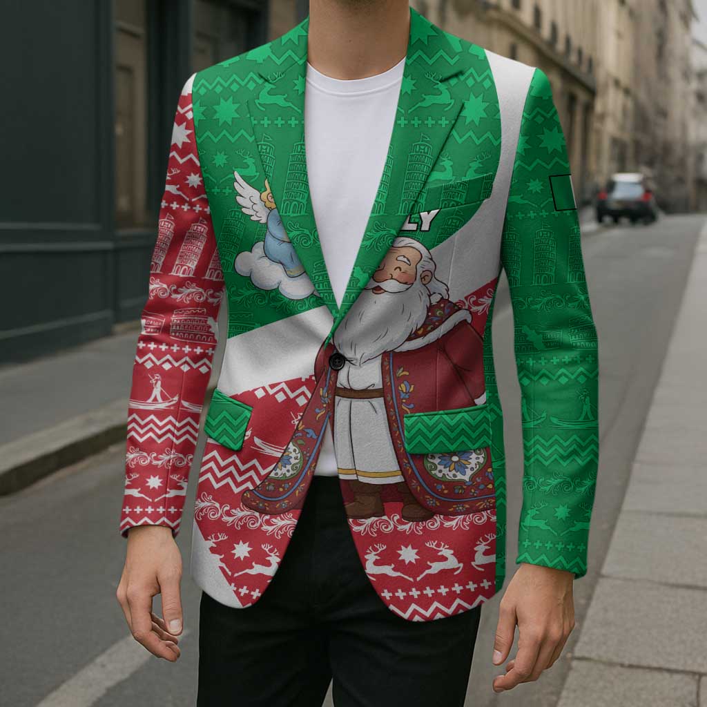 Italy Christmas Blazer with Pizza Chef Santa Leaning Tower Colosseum and Red Green Holiday Pattern Design - Wonder Print Shop