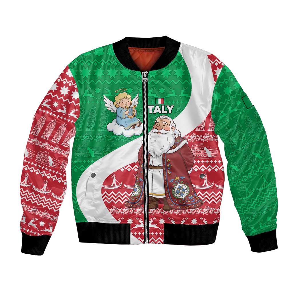 Italy Christmas Bomber Jacket with Pizza Chef Santa Leaning Tower Colosseum and Red Green Holiday Pattern Design - Wonder Print Shop