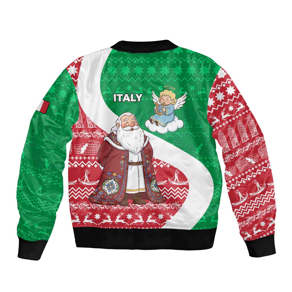 Italy Christmas Bomber Jacket with Pizza Chef Santa Leaning Tower Colosseum and Red Green Holiday Pattern Design - Wonder Print Shop