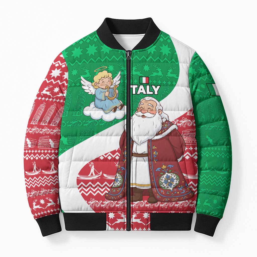 Italy Christmas Bomber Puffer Jacket with Pizza Chef Santa Leaning Tower Colosseum and Red Green Holiday Pattern Design - Wonder Print Shop