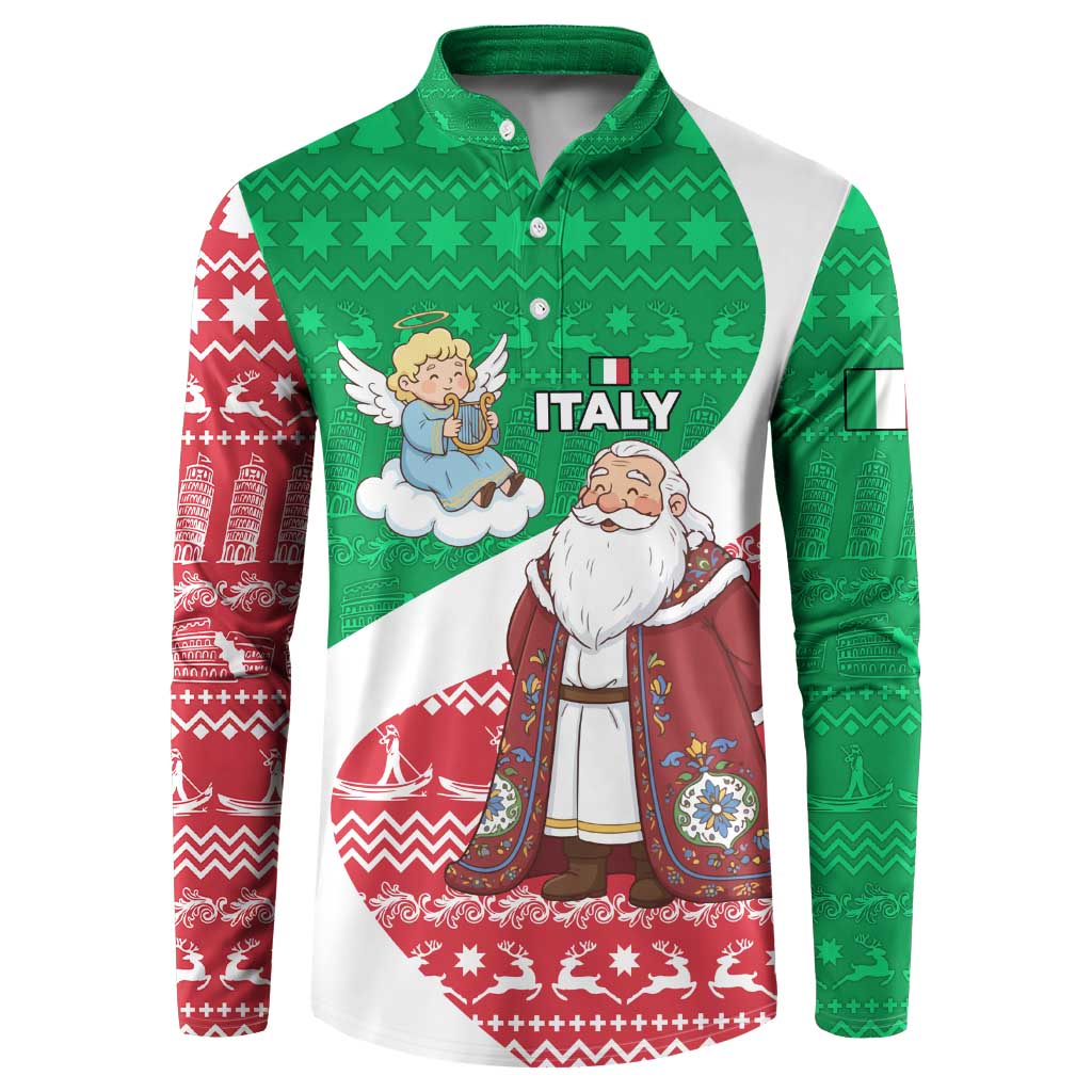 Italy Christmas Button Sweatshirt with Pizza Chef Santa Leaning Tower Colosseum and Red Green Holiday Pattern Design - Wonder Print Shop