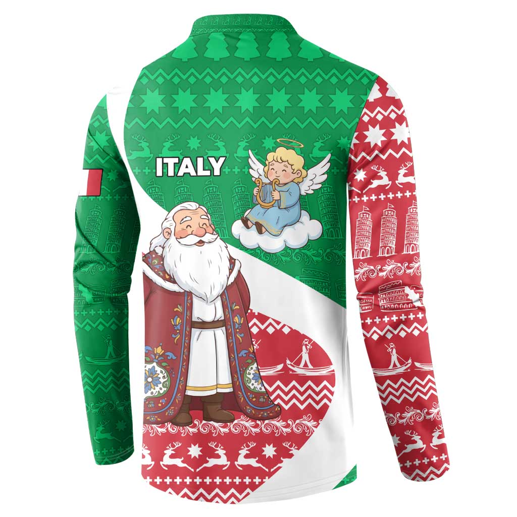 Italy Christmas Button Sweatshirt with Pizza Chef Santa Leaning Tower Colosseum and Red Green Holiday Pattern Design - Wonder Print Shop