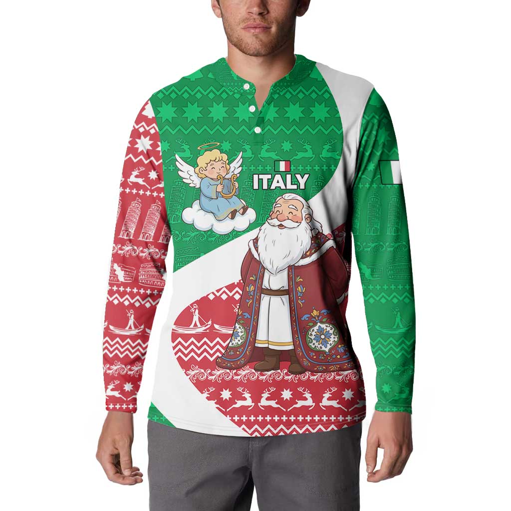 Italy Christmas Button Sweatshirt with Pizza Chef Santa Leaning Tower Colosseum and Red Green Holiday Pattern Design - Wonder Print Shop