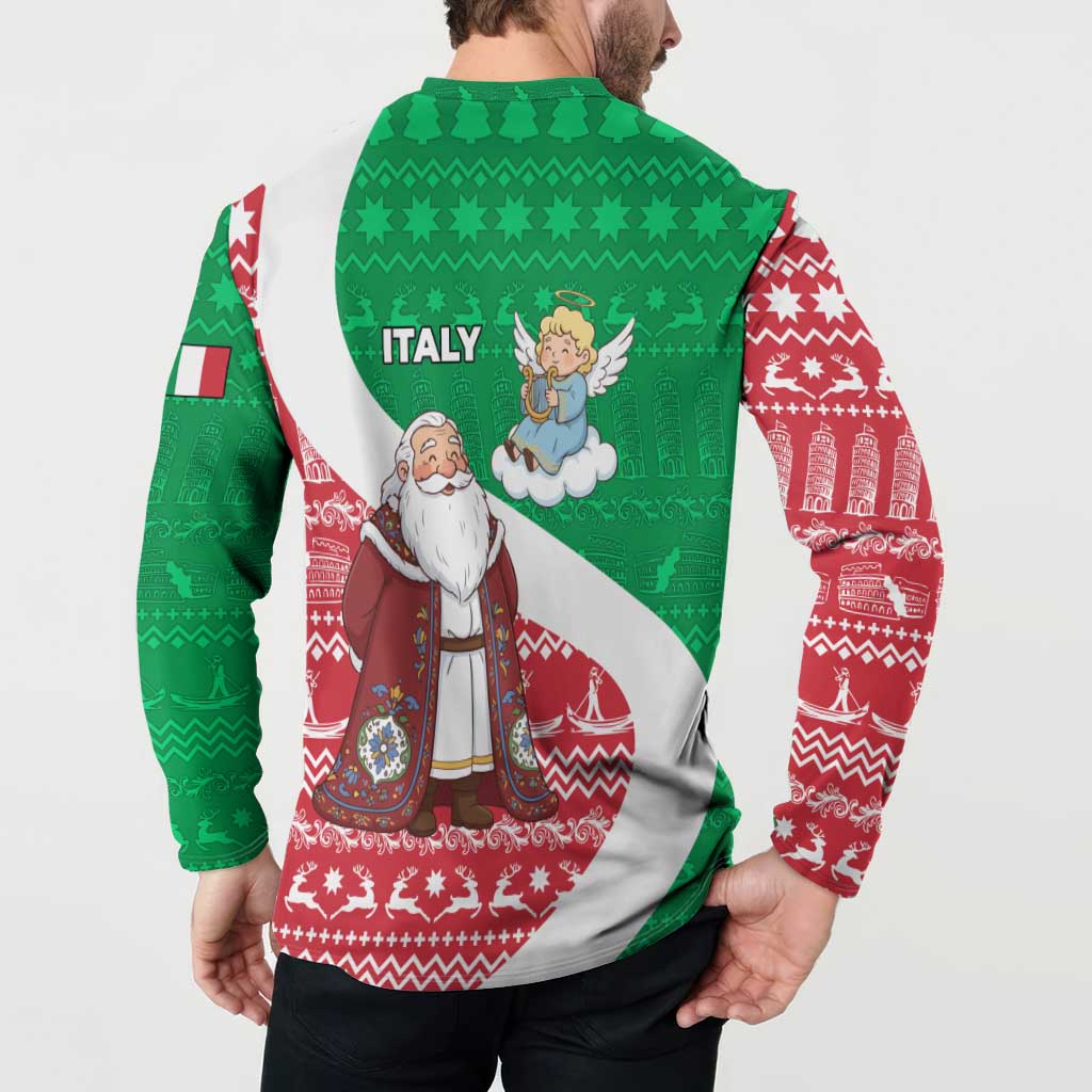 Italy Christmas Button Sweatshirt with Pizza Chef Santa Leaning Tower Colosseum and Red Green Holiday Pattern Design - Wonder Print Shop