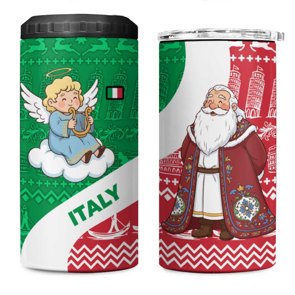 Italy Christmas 4 in 1 Can Cooler Tumbler with Pizza Chef Santa Leaning Tower Colosseum and Red Green Holiday Pattern Design - Wonder Print Shop