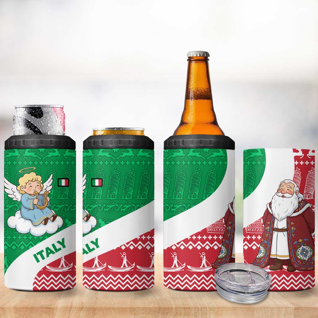 Italy Christmas 4 in 1 Can Cooler Tumbler with Pizza Chef Santa Leaning Tower Colosseum and Red Green Holiday Pattern Design - Wonder Print Shop