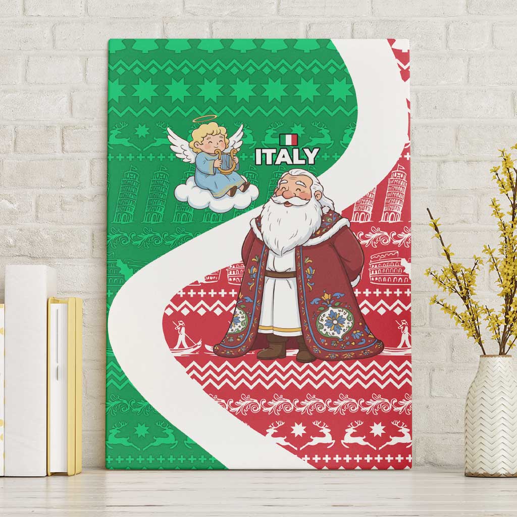 Italy Christmas Canvas Wall Art with Pizza Chef Santa Leaning Tower Colosseum and Red Green Holiday Pattern Design - Wonder Print Shop