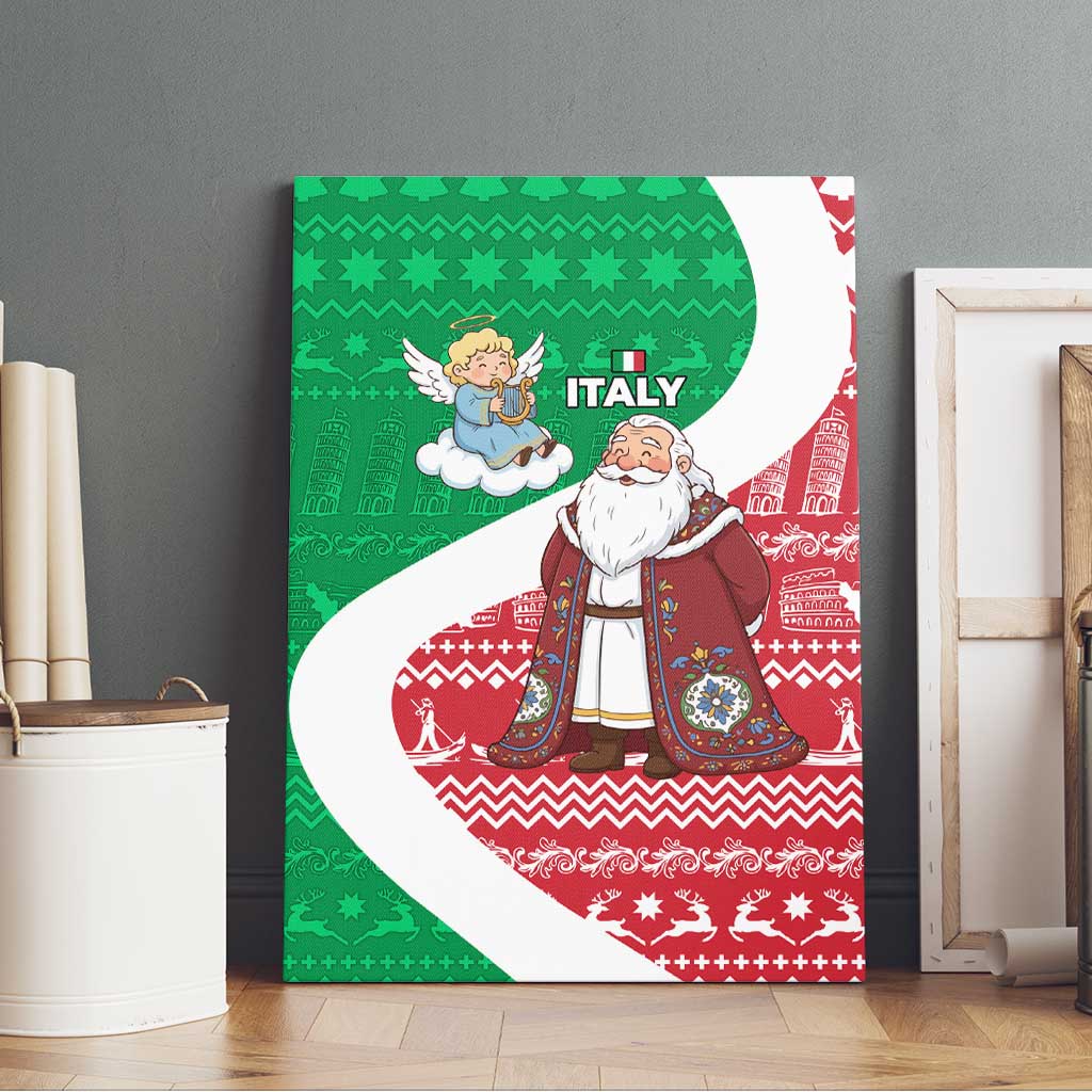 Italy Christmas Canvas Wall Art with Pizza Chef Santa Leaning Tower Colosseum and Red Green Holiday Pattern Design - Wonder Print Shop