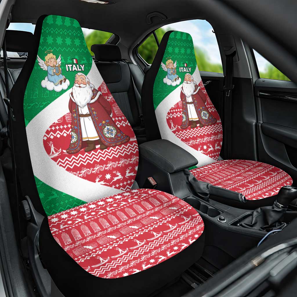 Italy Christmas Car Seat Cover with Pizza Chef Santa Leaning Tower Colosseum and Red Green Holiday Pattern Design - Wonder Print Shop