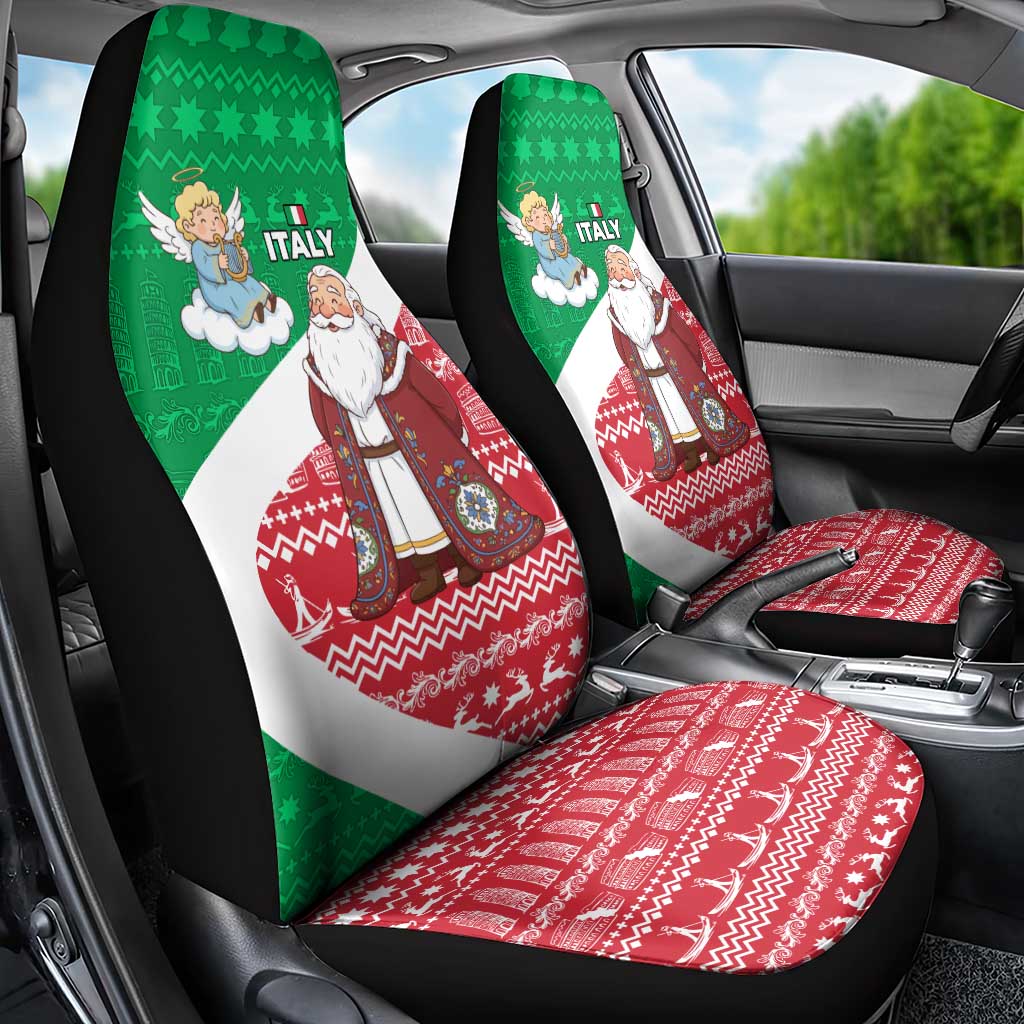 Italy Christmas Car Seat Cover with Pizza Chef Santa Leaning Tower Colosseum and Red Green Holiday Pattern Design - Wonder Print Shop