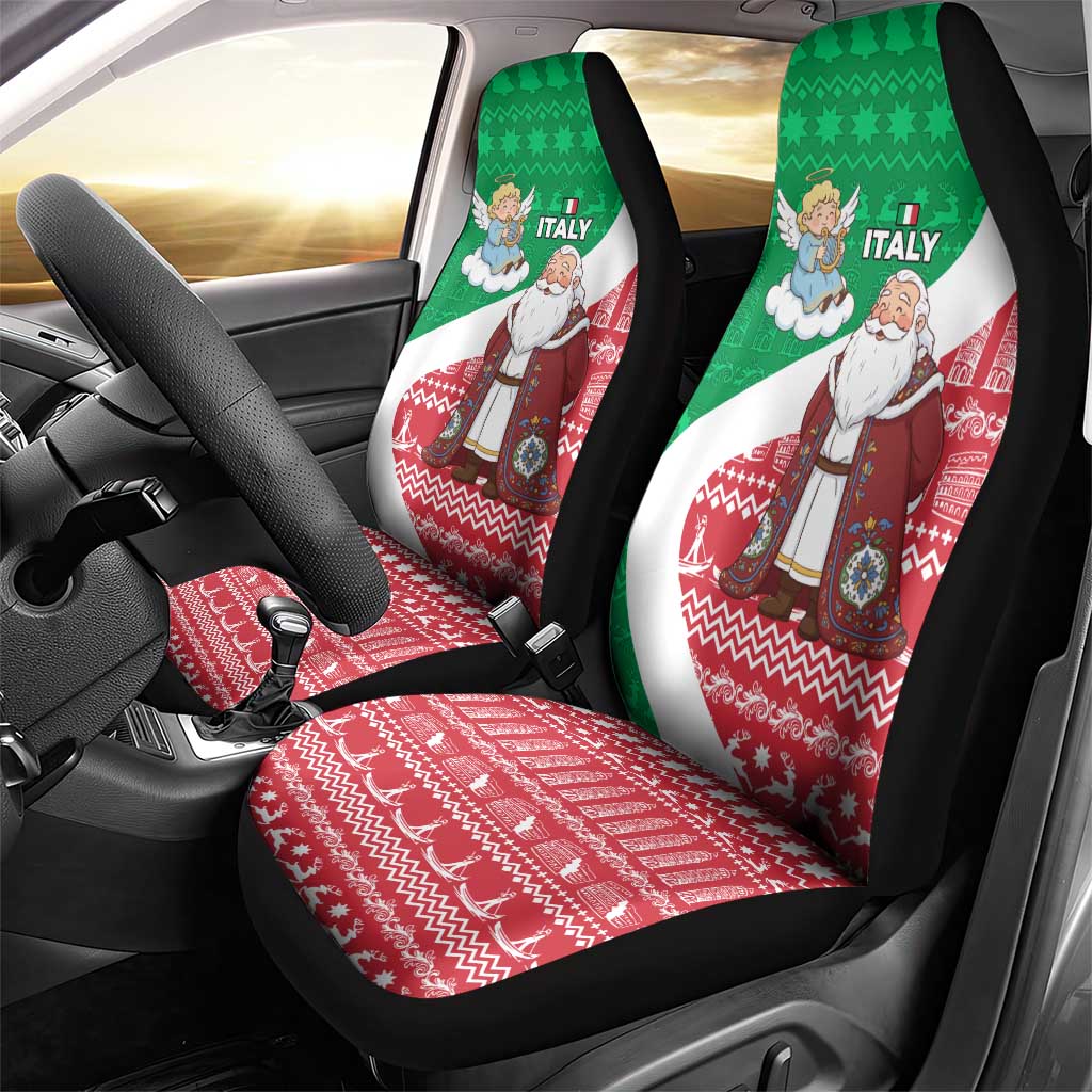 Italy Christmas Car Seat Cover with Pizza Chef Santa Leaning Tower Colosseum and Red Green Holiday Pattern Design - Wonder Print Shop